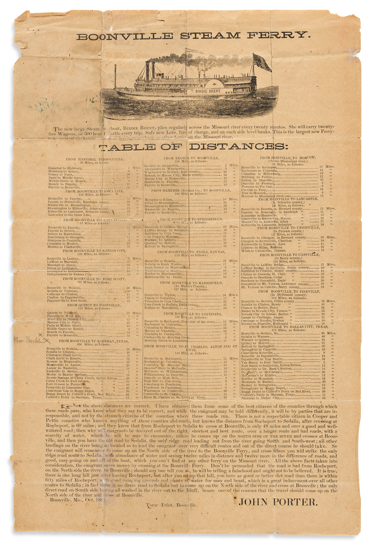 (MISSOURI.) John Porter. Boonville Steam Ferry . . . Table of Distances.